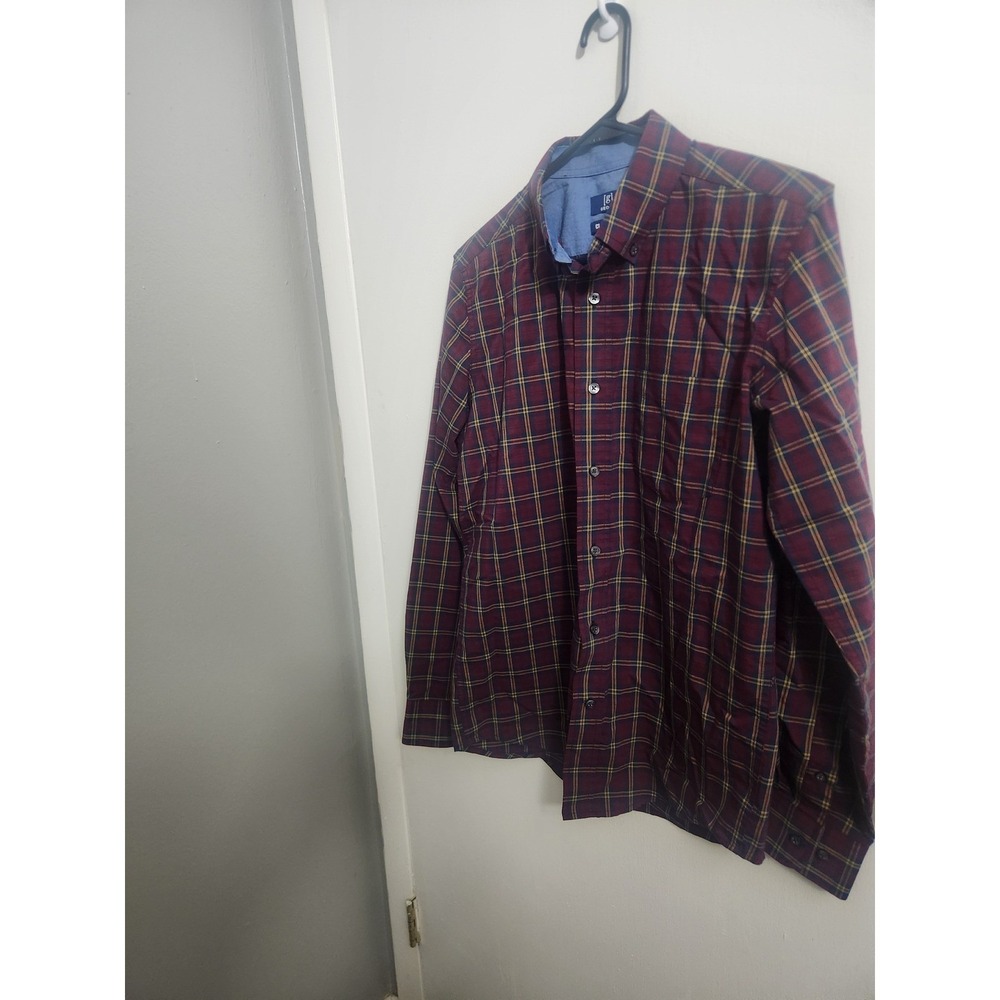 George Mens Classic Fit Plaid Button Down Shirt Burgundy Navy Yellow Small S